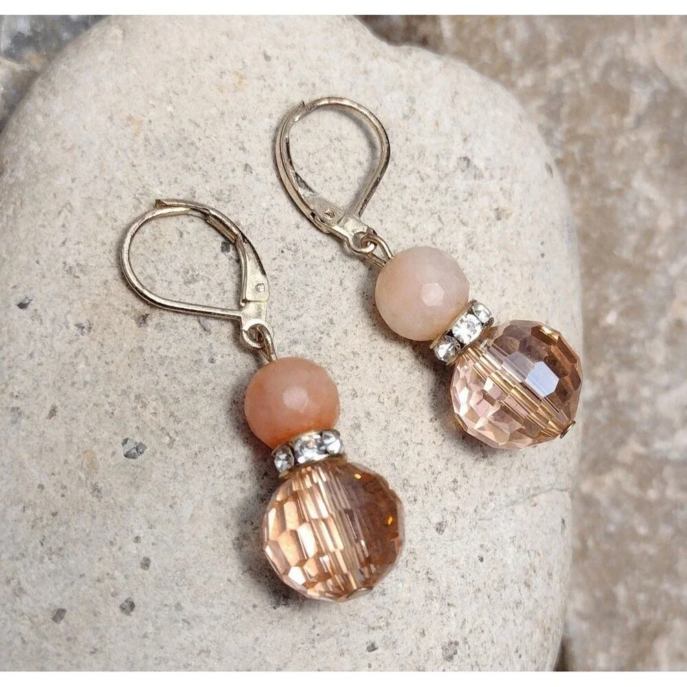 Vintage Peach Quartz Crystal Gold tone Dangle Earrings
